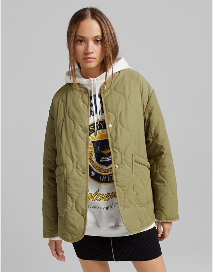 Bershka Quilted Jacket In Khaki-green