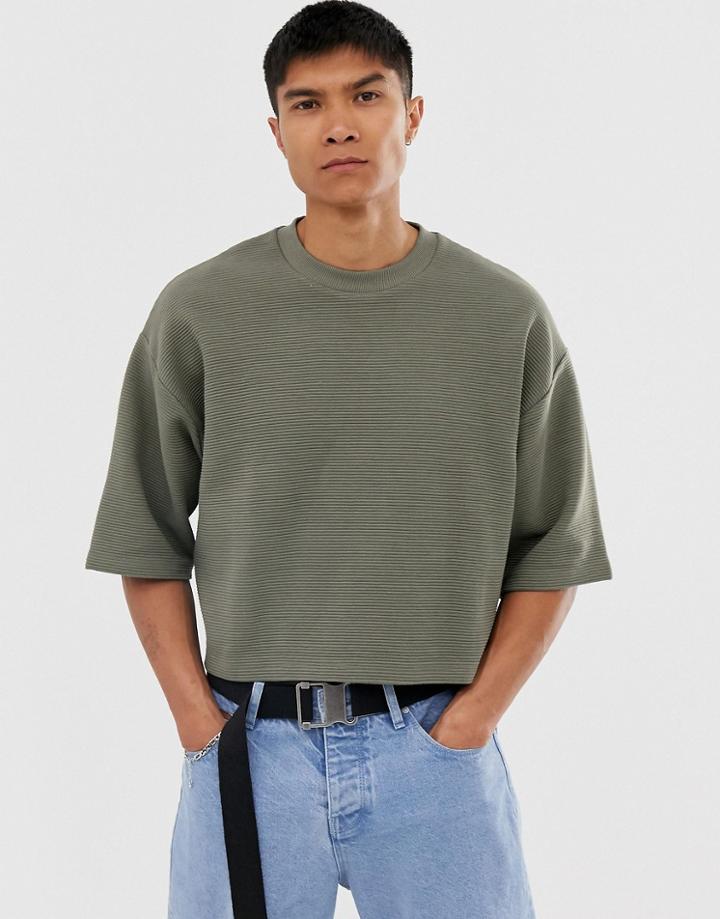 Asos Design Crop Oversized Short Sleeve Crew In Ribbed Fabric In Khaki-green