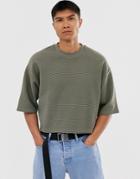 Asos Design Crop Oversized Short Sleeve Crew In Ribbed Fabric In Khaki-green