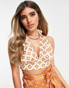 Asos Design Satin Halter Scarf Top In 70s Tile Print - Part Of A Set-multi