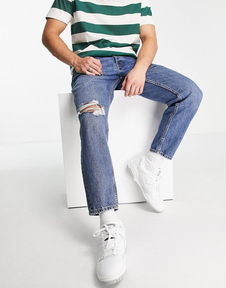 Pull & Bear Standard Fit Jeans With Rips In Blue