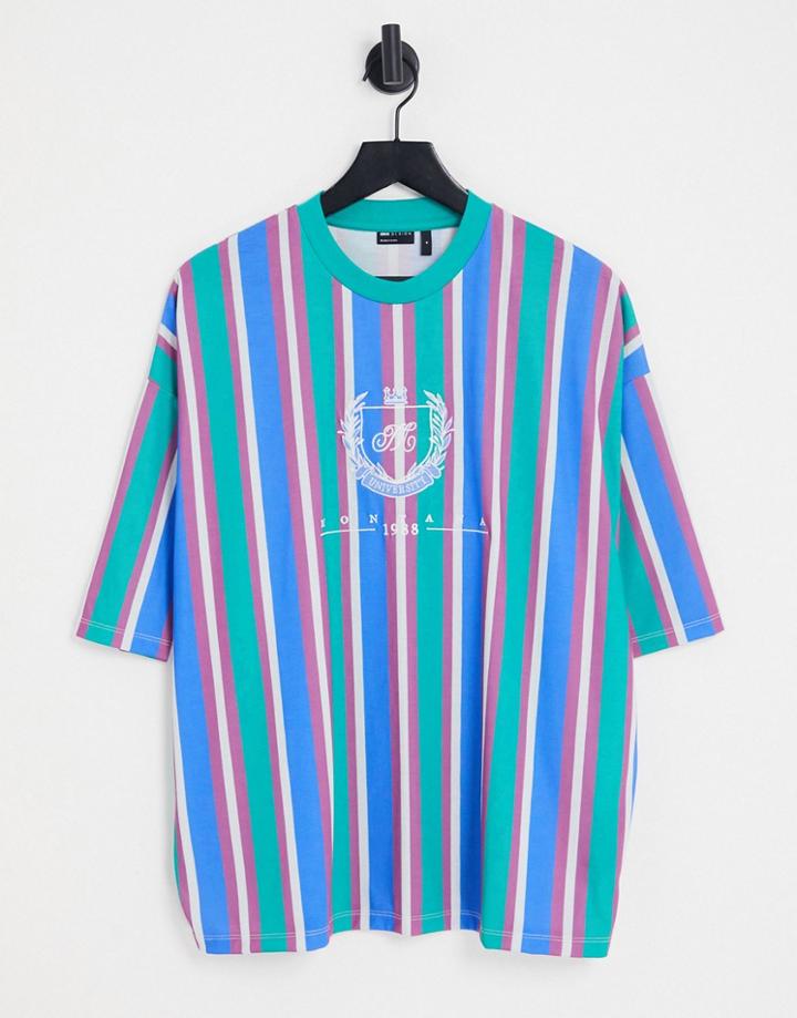 Asos Design Oversized Vertical Stripe T-shirt In Blue With Varsity Chest Embroidery - Mblue - Mblue