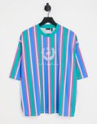 Asos Design Oversized Vertical Stripe T-shirt In Blue With Varsity Chest Embroidery - Mblue - Mblue