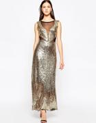 Club L Sequin Maxi Dress With Mesh Inserts - Gold