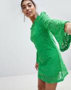 Prettylittlething Lace Bell Sleeve Bardot Dress - Green