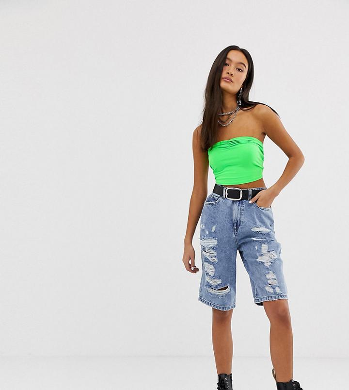 Collusion Long Line Shorts In Light Blue Wash With Rips