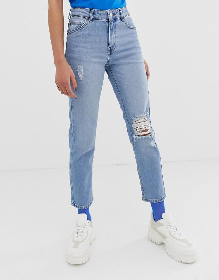 Dr Denim Edie Cropped Mom Jean With Rip Detail - Blue