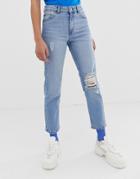 Dr Denim Edie Cropped Mom Jean With Rip Detail - Blue
