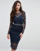 Bodyfrock Long Sleeved Lace Bodycon Dress With Sash Belt - Navy