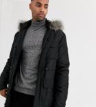 Asos Design Tall Hooded Parka With Detachable Faux Fur Trim In Black