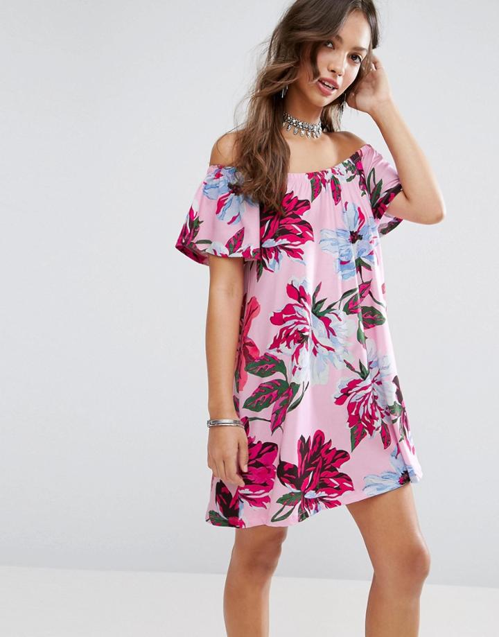 Asos Off Shoulder Sundress In Pink Floral Print - Multi