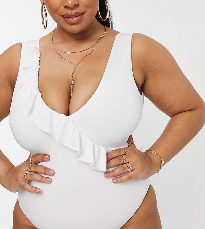 Asos Design Curve Ruffle Plunge Swimsuit In White