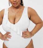 Asos Design Curve Ruffle Plunge Swimsuit In White