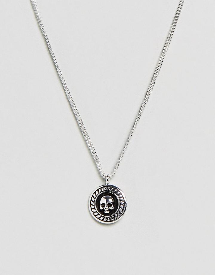 Rebel Heritage Skull Engraved Medallion Necklace In Antique Silver - Silver