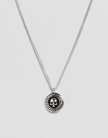 Rebel Heritage Skull Engraved Medallion Necklace In Antique Silver - Silver