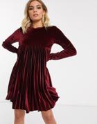 Asos Design Long Sleeve Pleated Smock Mini Dress In Velvet-red