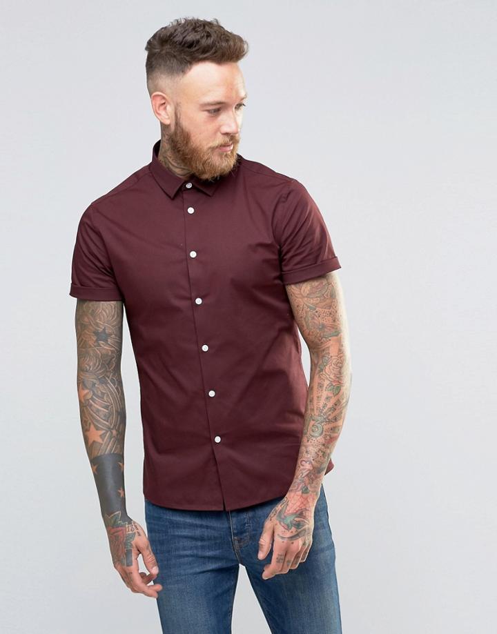 Asos Skinny Shirt In Dark Plum With Short Sleeves - Dark Plum