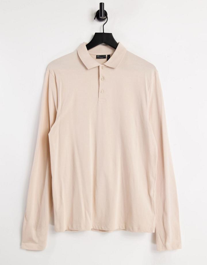 Asos Design Organic Long Sleeve Jersey Polo In Beige-neutral