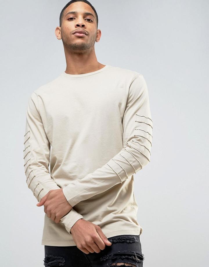 Asos Longline Long Sleeve T-shirt With Loopback Patches - Beige