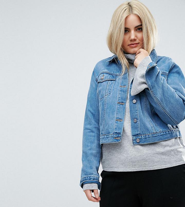 Asos Curve Denim Shrunken Jacket In Midwash Blue - Blue