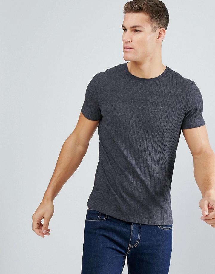 Asos T-shirt In Textured Rib In Charcoal - Gray