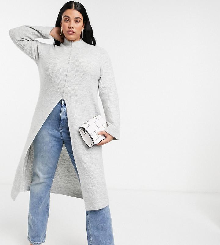 Vero Moda Curve Longline Knitted Sweater With Split In Gray-grey
