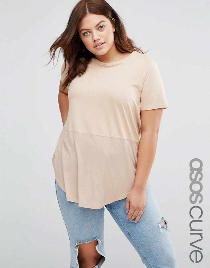 Asos Curve Contrast Ribbed Panel T-shirt - Tan