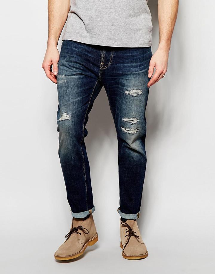 Nudie Jeans Brute Knut Distressed Tapered Fit Blue Reed Dark Wash - Blue Reed