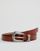 Asos Design Faux Leather Skinny Belt In Brown With Burnished Edge And Western Buckle - Brown