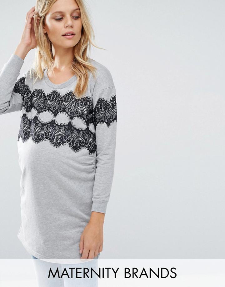 Mama. Licious Long Sleeve Sweatshirt With Lace Overlay - Gray
