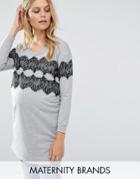 Mama. Licious Long Sleeve Sweatshirt With Lace Overlay - Gray