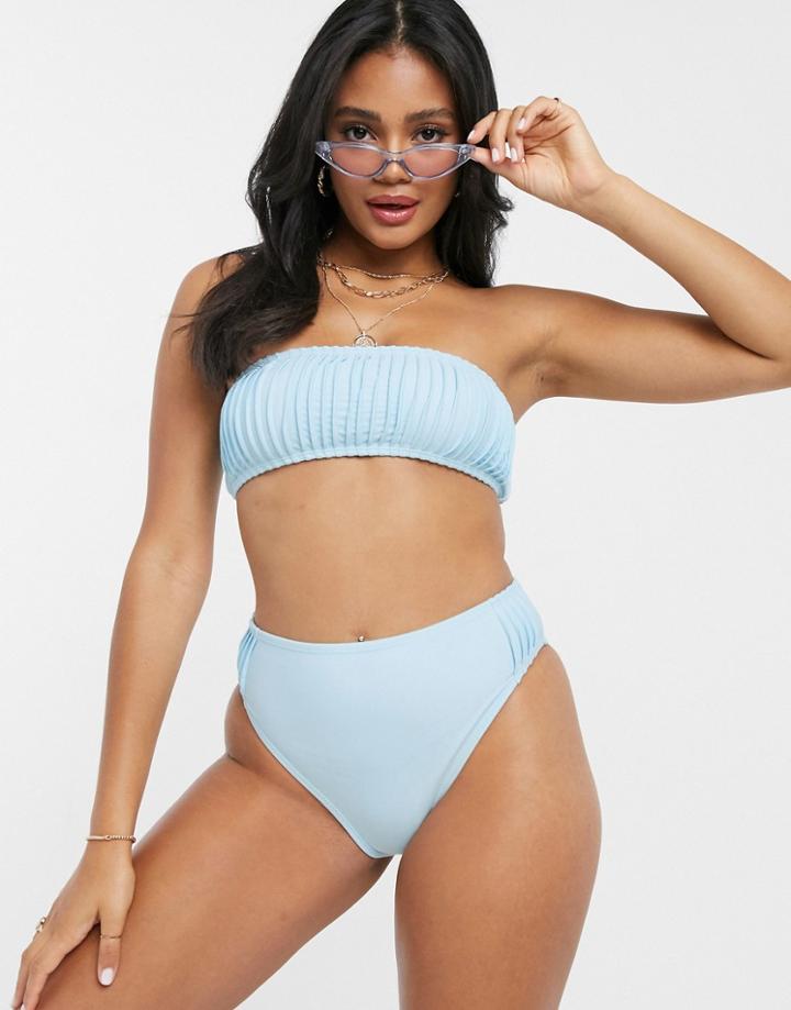 Missguided Pleated Bandeau Bikini Top In Blue-blues