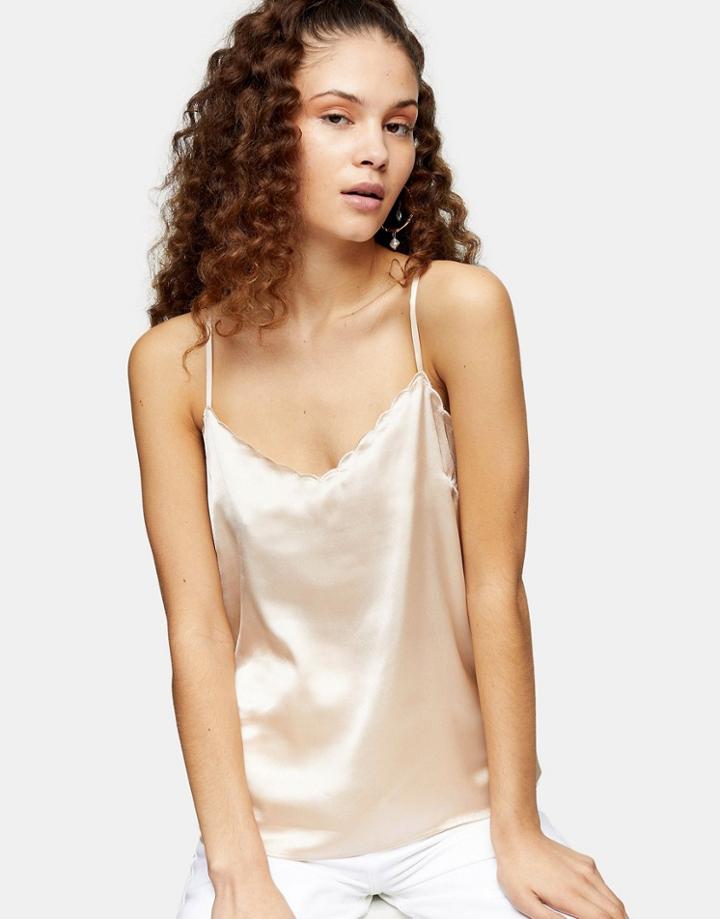 Topshop Scallop Edge Satin Cami Top In Champagne-white