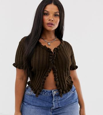 Rokoko Plus Ribbed Short Sleeved Knitted Top - Brown