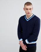 River Island Knitted V- Neck Sweater In Navy - Navy