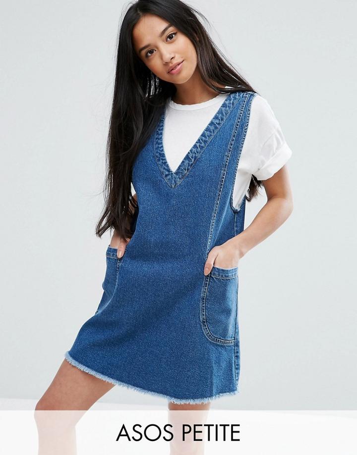 Asos Petite Denim Chuck On Mini Dress In Vintage Blue Wash - Blue