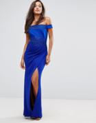 Lipsy Off Shoulder Maxi Dress With Lace Trim - Blue
