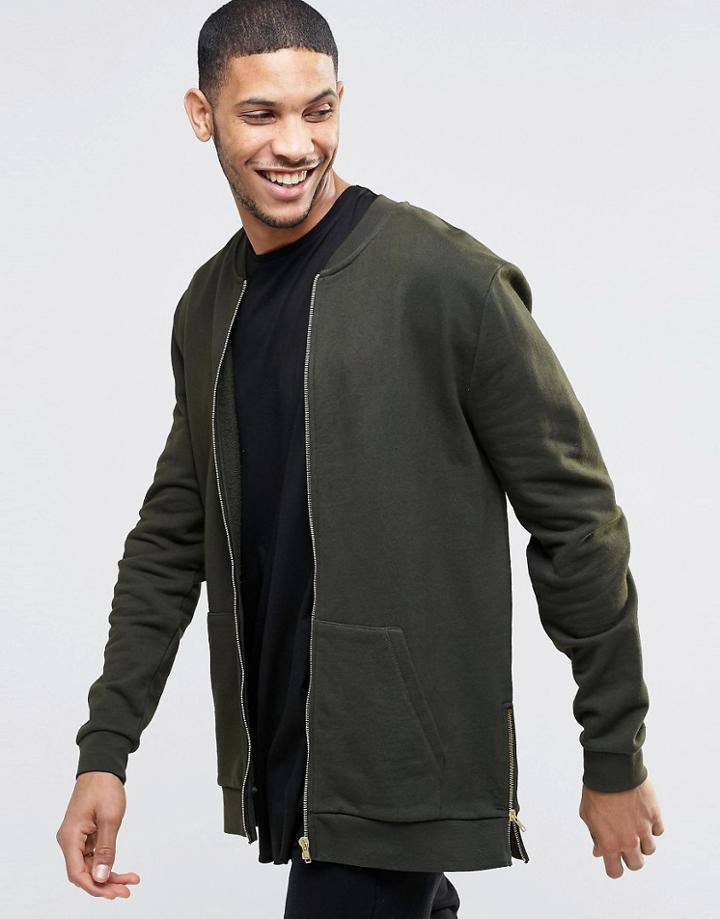 Asos Longline Jersey Bomber Jacket With Side Zips - Khaki
