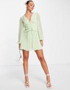 Asos Design Button Through Ruched Waist Pleated Mini Dress In Metallic Texture In Soft Green