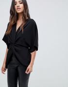 Asos Design Knot Front Top With Kimono Sleeve - Black