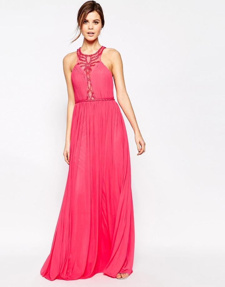 Forever Unique Saffron Beaded Halterneck Maxi Dress - Watermelon