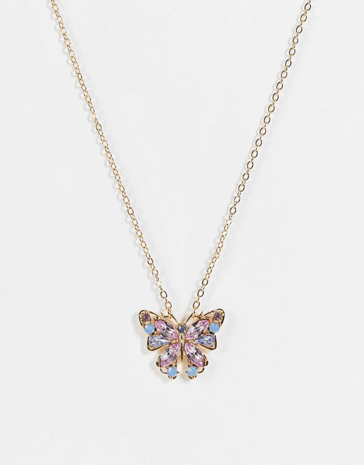 Asos Design Necklace With Pretty Crystal Butterfly Pendant In Gold Tone