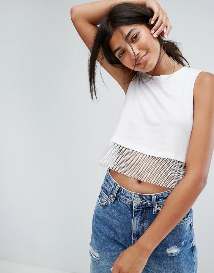 Bershka Mesh Detail Crop Top - White