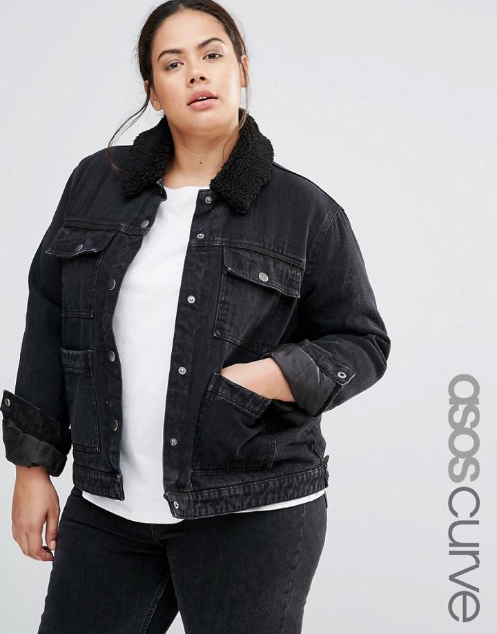 Asos Curve Borg Jacket In Washed Black With Pockets - Black