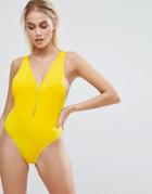 Prettylittlething Zip Front O Ring Swimsuit - Yellow