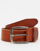 Jack & Jones Smooth Leather Belt With Logo Buckle In Brown