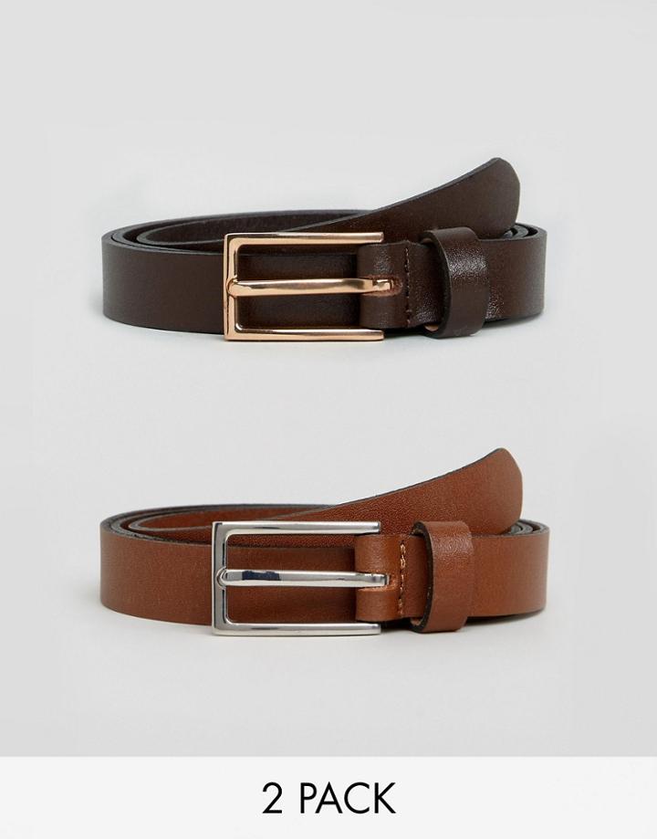 Asos 2 Pack Smart Skinny Leather Belt In Tan/brown - Multi