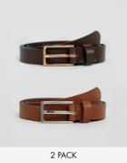 Asos 2 Pack Smart Skinny Leather Belt In Tan/brown - Multi