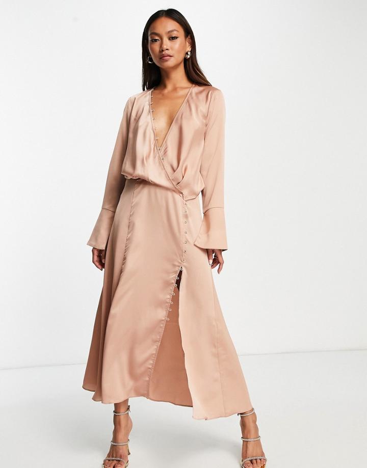 Asos Design Bias Cut Drape Midi Dress With Button Detail In Bronze-brown