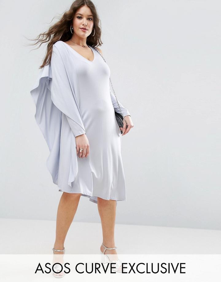 Asos Curve Assymetric Drape Midi Dress With One Sleeve - Gray